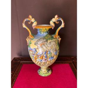 Majolica Vase With Battle Scene Decor 