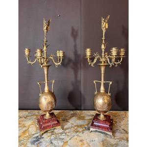 Ferdinand Barbedienne Important Pair Of Gilt Bronze Candelabra 