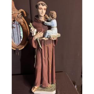 Religious Statue In Polychrome Stucco Representing Saint Anthony Of Padua (height: 90cm)