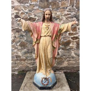Important Statue Of Jesus Christ In Polychrome Plaster, Height 150cm