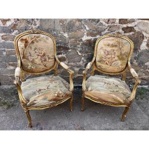 Pair Of Gilded Wooden Armchairs Covered With Aubusson Tapestry 