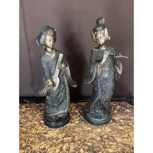 Pair Of Japanese Bronze Musicians 