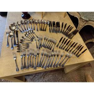 Important Christofle 84-piece Flatware Set, Ribbon Pattern 