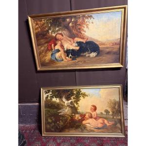 French School, 19th Century: Cherubs In Spring And Autumn