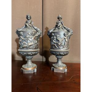 Pair Of Bronze Cassolettes Decorated With Cherubs