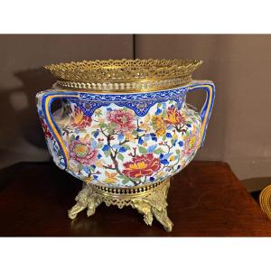 Large Bronze-mounted Gien Earthenware Cache Pot In The Taste Of édouard Lièvre