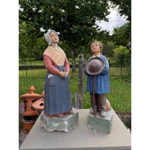 Pair Of Religious Figures In Polychrome Plaster, 19th Century