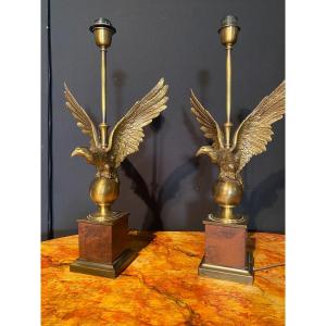 Pair Of Bronze Lamps With Eagle Decor
