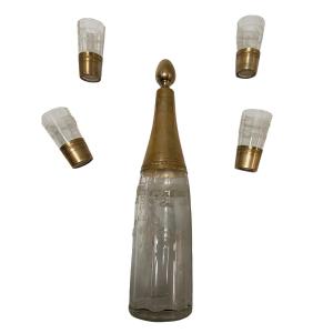 Small Decanter And 4 Golden Silver Glasses