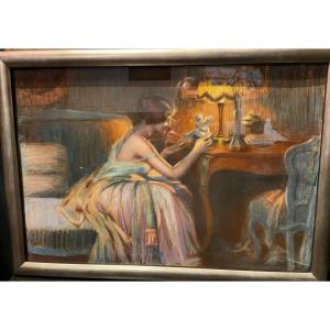 Pastel Young Woman In Front Of Enjolras Style Porcelain Sculpture