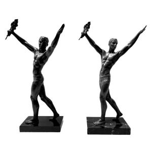 2 Art Deco Figures Of Athletes With An Olympic Trophy In Spelter Signed J Dancourt For Chiparus