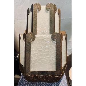 Large Art-deco Wall Lamp For Indoor/outdoor Wrought Iron With 3 Soquets