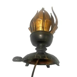 Small Bronze System Lamp With A Turtle