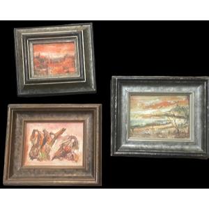 Series Of 3 Small Paintings By Zoltan Perelmutter Romanian Painter