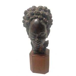 Head Of Young African Woman Macassar Wood Signed Rvd Bael