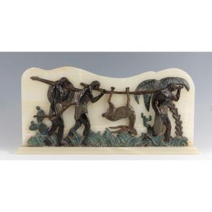 Africanist Art Deco Bronze And Onyx Panel