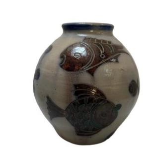 Rare Stoneware Vase From La Roche Period 1950 Fish And Seahorse Pattern