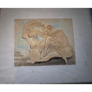 Couple Of Women Watercolor  Ink Signed Olivier Picard