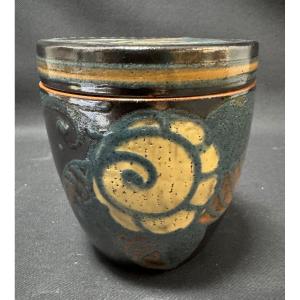 Paul Jacquet - Covered Pot In Glazed Coat, Stylized Floral Decor On A Glossy Black Background