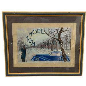 Art Deco Christmas Watercolor 1934