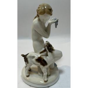 Young Girl And The Chevrette Signed C Werde Hutschenreuther Porcelain