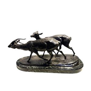 Pair Of Antelopes By Irénée Rochard French Bronze
