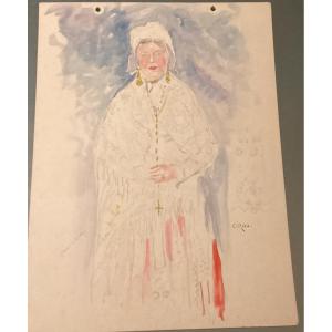 Study Of A Breton Woman Watercolor By Paul Cirou