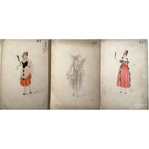 Series Of 3 Fashion Watercolors By Russian Artist Igor Sokoloff Circa1918-1919