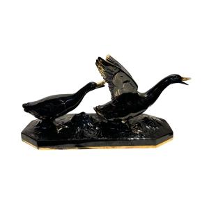 Art Deco Ceramic Duck Couple Signed Luc 
