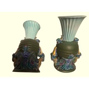 Pair Of Art Deco Vases With Marine Motifs, Pelicans And Fish 