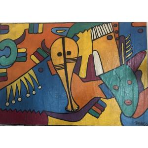 Painting By Congolese Painter François Thango, Polo Polo School 