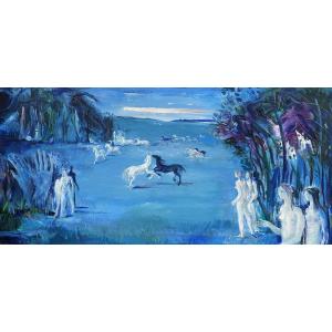 Expressionist Painting Of Blue Women With Horses By Paul Daxhelet 