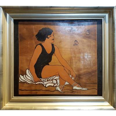 Woman With Butterflies, Oil On Wood