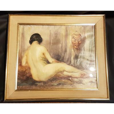 Nude In A Mask, Oil On Canvas, 1928 - Jos Desmedt