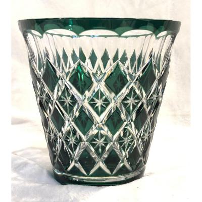 Crystal Vase - Val Saint Lambert - Green - Art-deco - 14 X 15cm