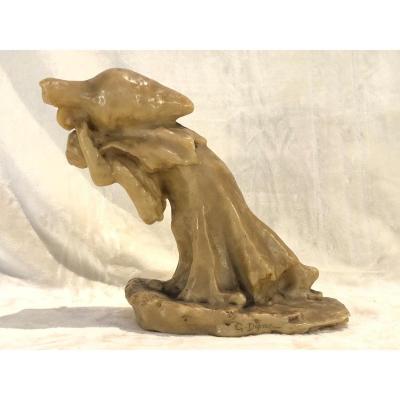 Paul Gaston Deprez - Wax Sculpture - Woman Carrying A Large Jug - 13x27x28cm