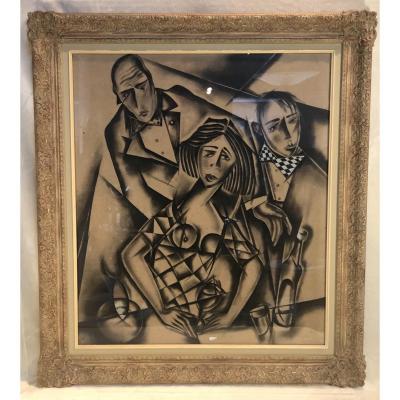 Charcoal On Cardboard - Ferdinand Pire - Unity - Cubist Portraits - Signed - 73 X 82cm