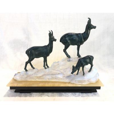 Bronze Animalier Art-deco - Lamp In Opaline - Unsigned - 14x44x36cm