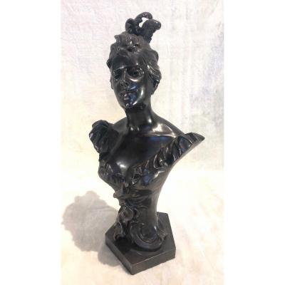 Bust Of Woman With Hat, Pewter Sculpture - W. Herring Paris - Blow At The Base (to Restore)