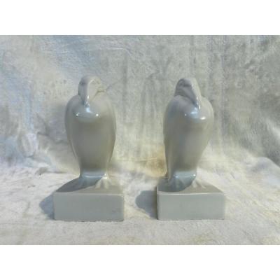 White Cracked Earthenware - 2 Pelicans - Unsigned - Base: 8 X 10cm - H. 18cm