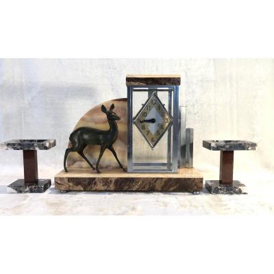 Art-deco Trim With Animal Bronze - Onyx Structure - Base: 14 X 43cm - H. 35cm