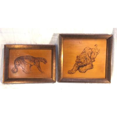 2 Framed Art Deco Wood Panels - Animal / Africanist Subject - Engraved In Wood