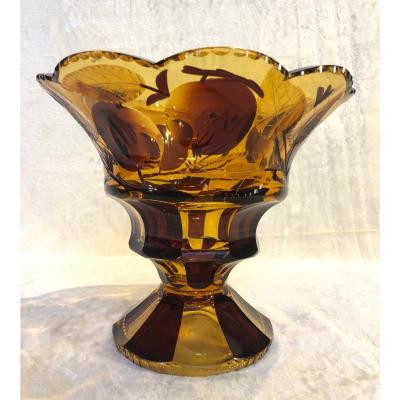 Bohemian Glass Cup - Apple Tree, Branch And Leaf Decor - Smoked Glass / Dark Tone Karel Palda