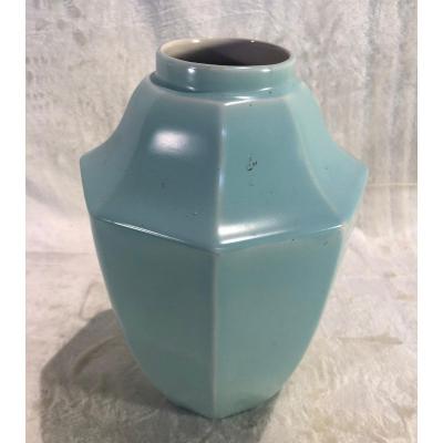 Plain Turquoise Vase - Boch Keramis - Geometric Shape - Size 28 X 18cm - Unreadable Boch Stamp