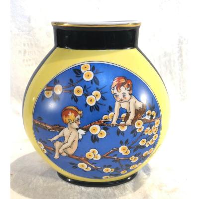 Limoges Vase - Georges Bastard (1881 - 1939) - Decor Signed Emargerie - Art-deco - Dim. 26x23x13