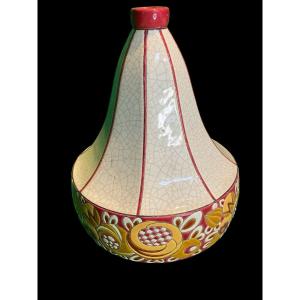 Art-deco Longwy Vase - Cracked - Geometric Shape With Stylized Flowers - Size 18x28x34