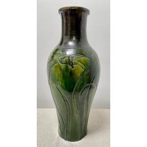 Large Art-nouveau Vase - Attribued Maes Pottery Workshop - Stylized Birds And Nature Decor