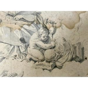 Allégorie Des Arts - Ecole Romaine Vers 1700 (mauvais état) - Crayon Et Gouache - Dim. 35 X 47