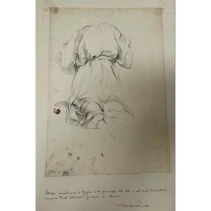 Roman School - 19th - Pencil - Study Of A Kneeling Monk - Dim. 30 X 42.5cm