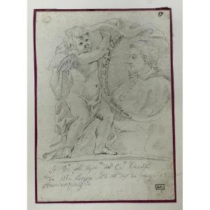 Study For A Portrait With Cherub - 17th - Black Pencil, Annotated At The Bottom - Dim. 17 X 23.5cm